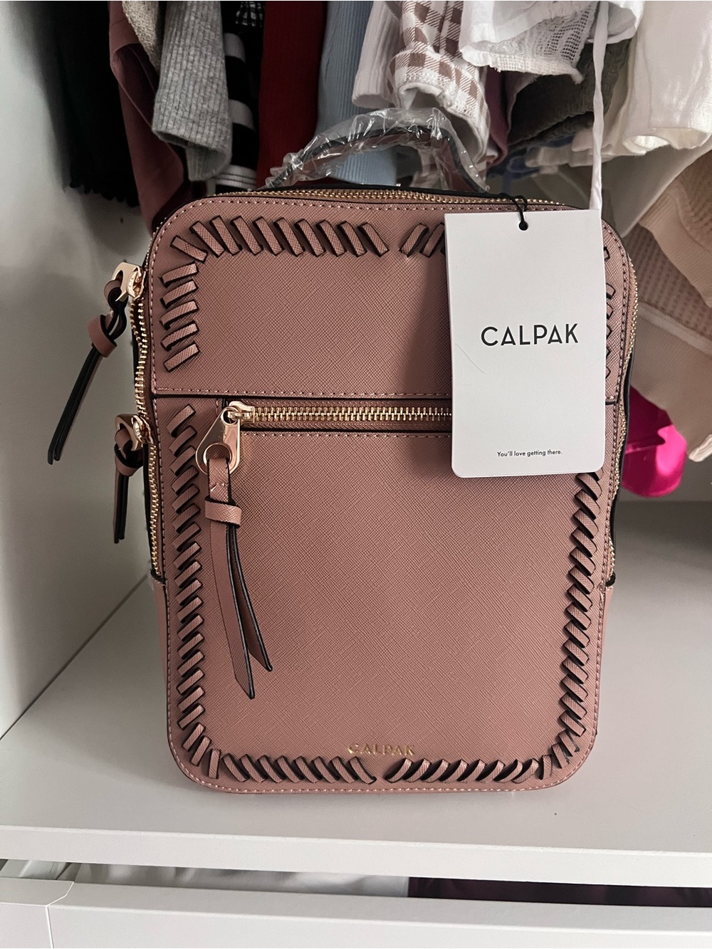 Calpak Rose Mauve backpack with Whipstitch Trim